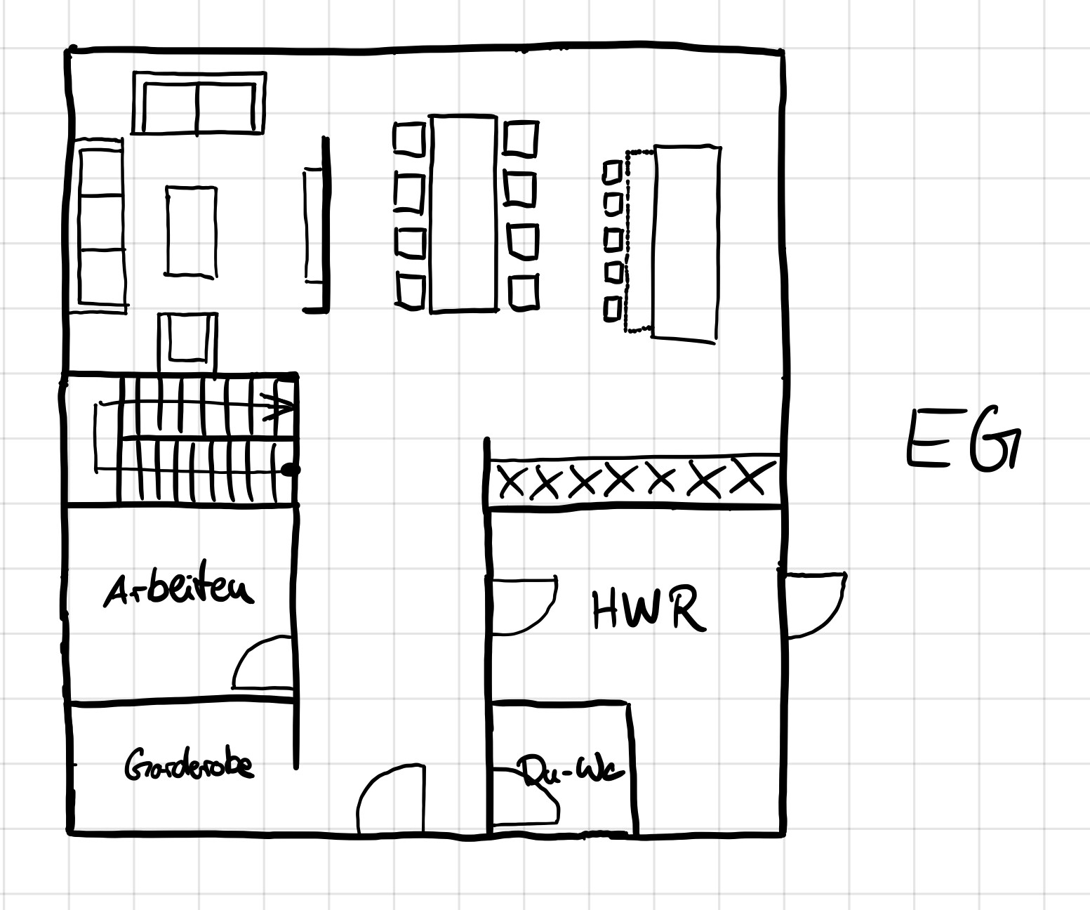 Skizzenhafter Grundriss des EG mit Arbeitsbereich, Garderobe, HWR, Dusche-WC und Essbereich.