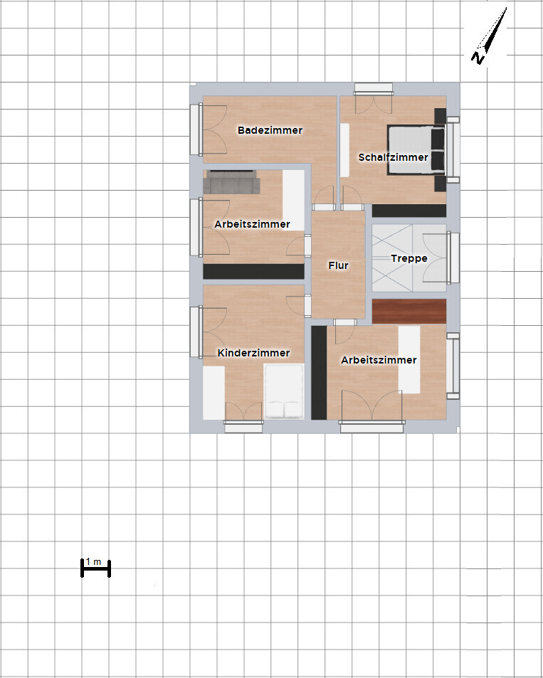 Grundriss eines Hauses mit Bad, Schlafzimmer, zwei Arbeitszimmern, Kinderzimmer, Flur und Treppe, Norden.
