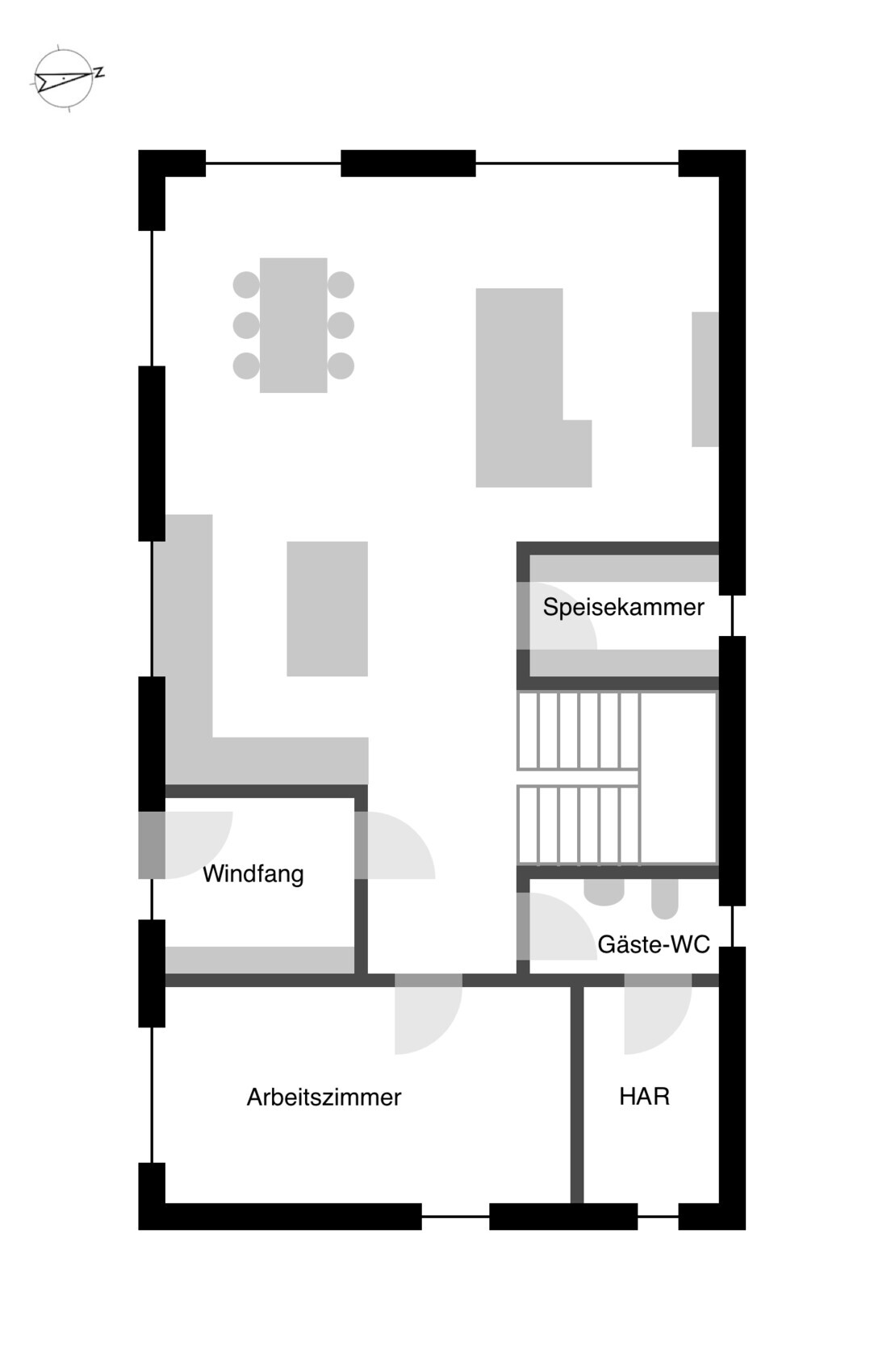 Grundriss: Windfang, Arbeitszimmer, HAR, Gäste-WC, Speisekammer, Esszimmer/Sitzbereich, Treppe.