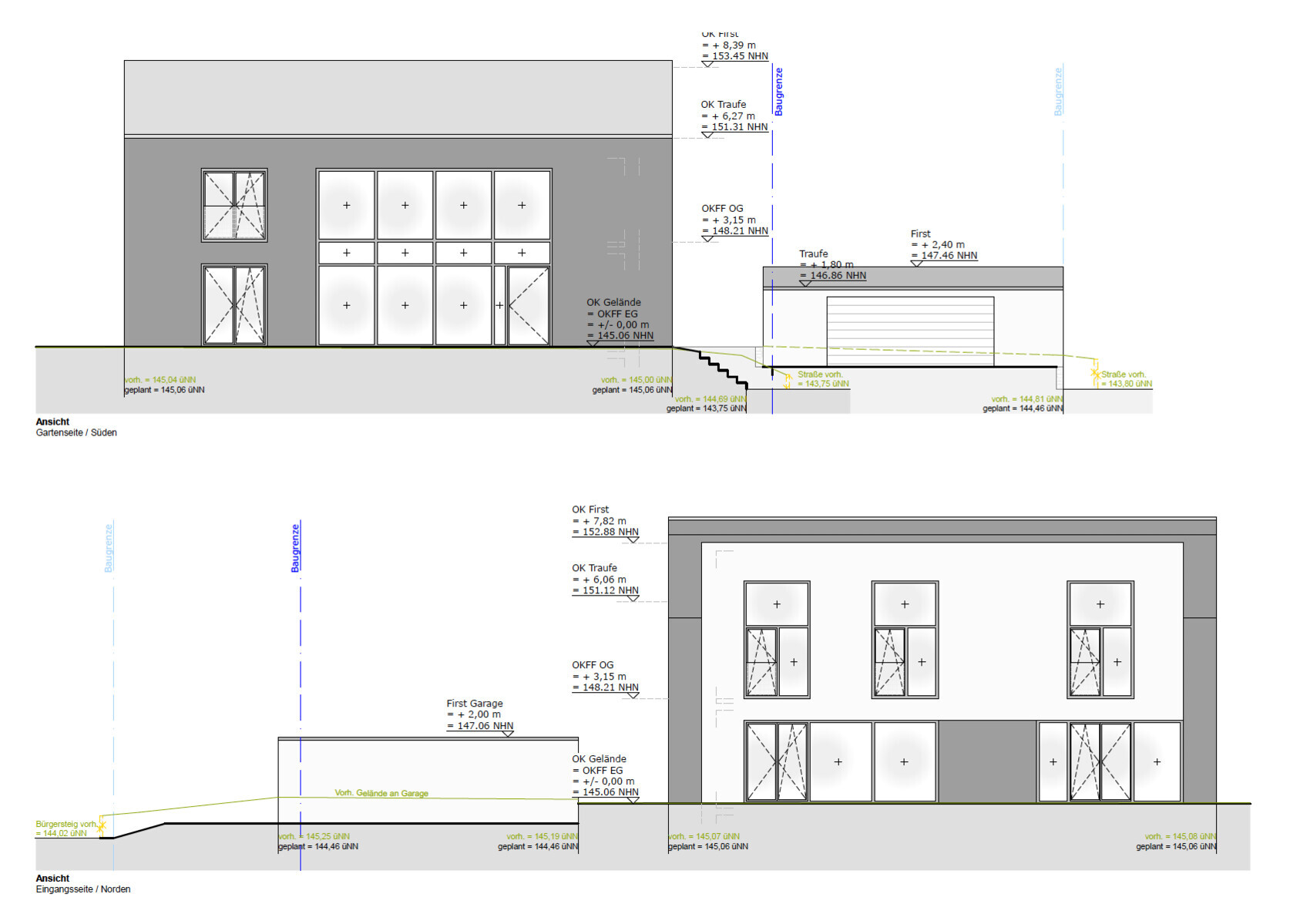 Gartenansicht/Süden eines Gebäudes mit Fensterfronten, Türen und Garage; Höhenangaben.