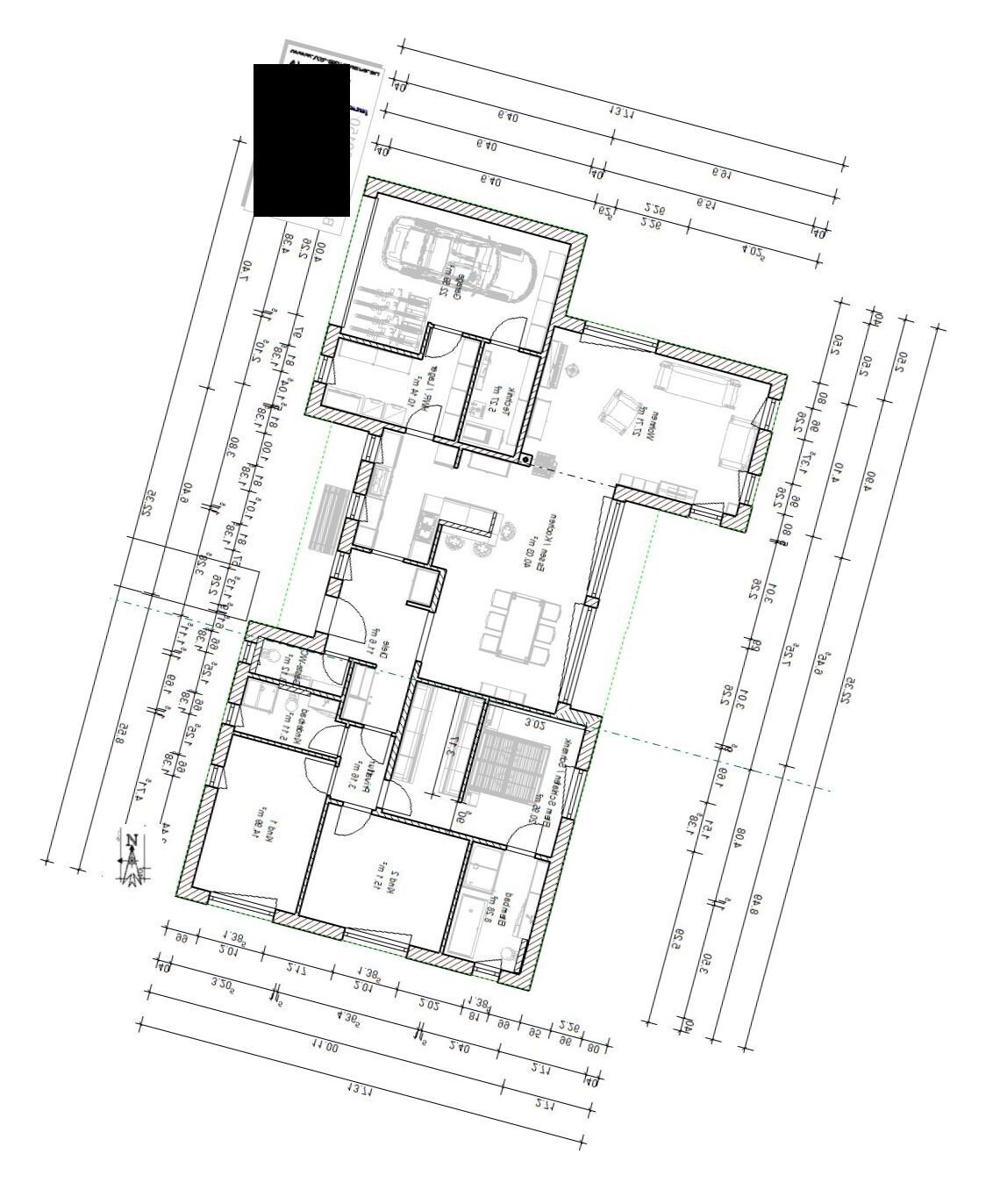 Draufsicht Grundriss eines Einfamilienhauses mit Räumen, Türen, Garage und Maßlinien