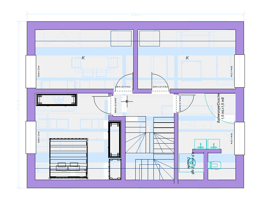 Grundriss eines Gebäudes mit Treppenhaus, Türen, Möblierung und Bädern in Blau-Lila.