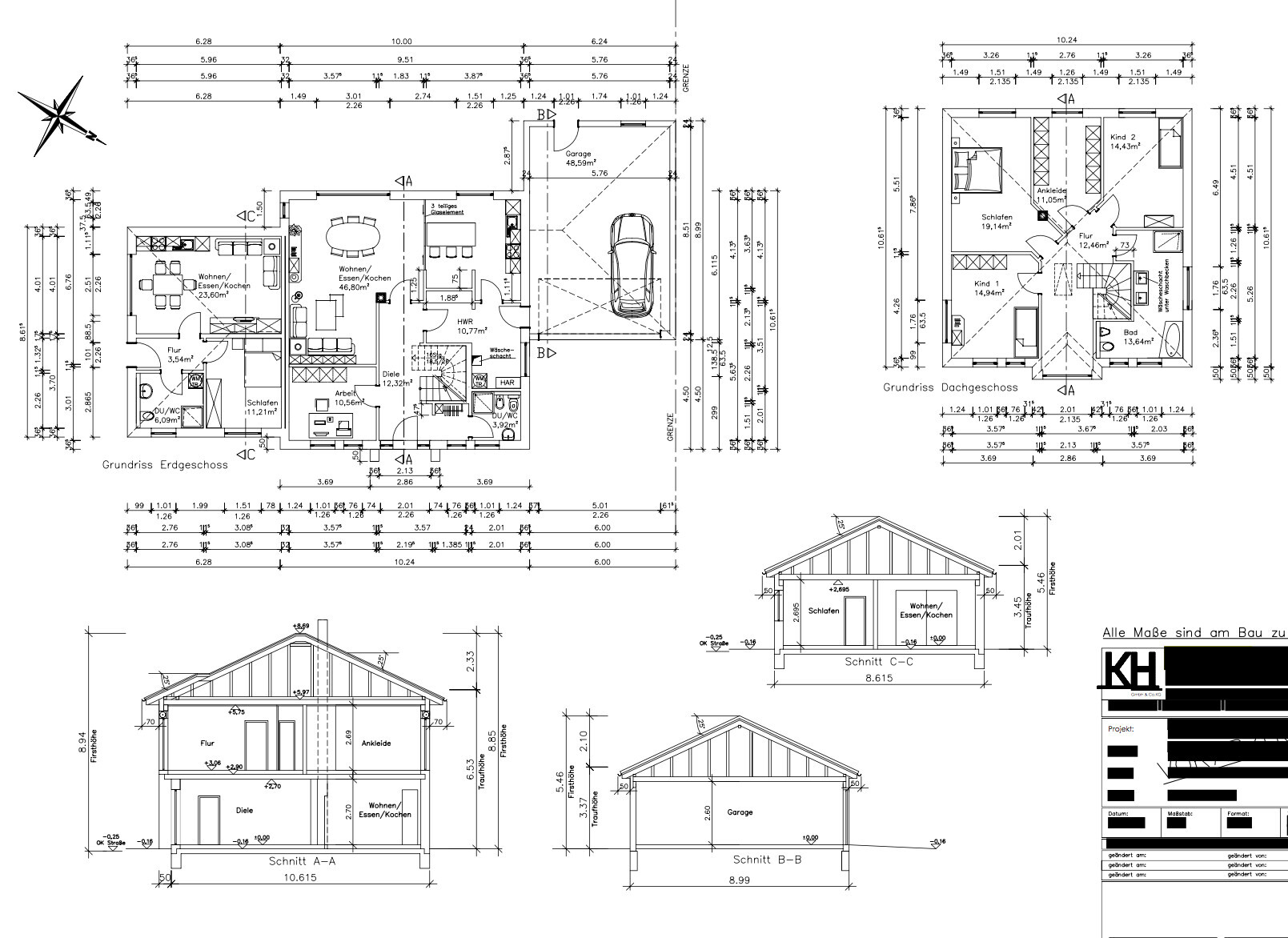 Architekturplan eines Einfamilienhauses: Grundrisse Erdgeschoss, Dachgeschoss und Schnitte.
