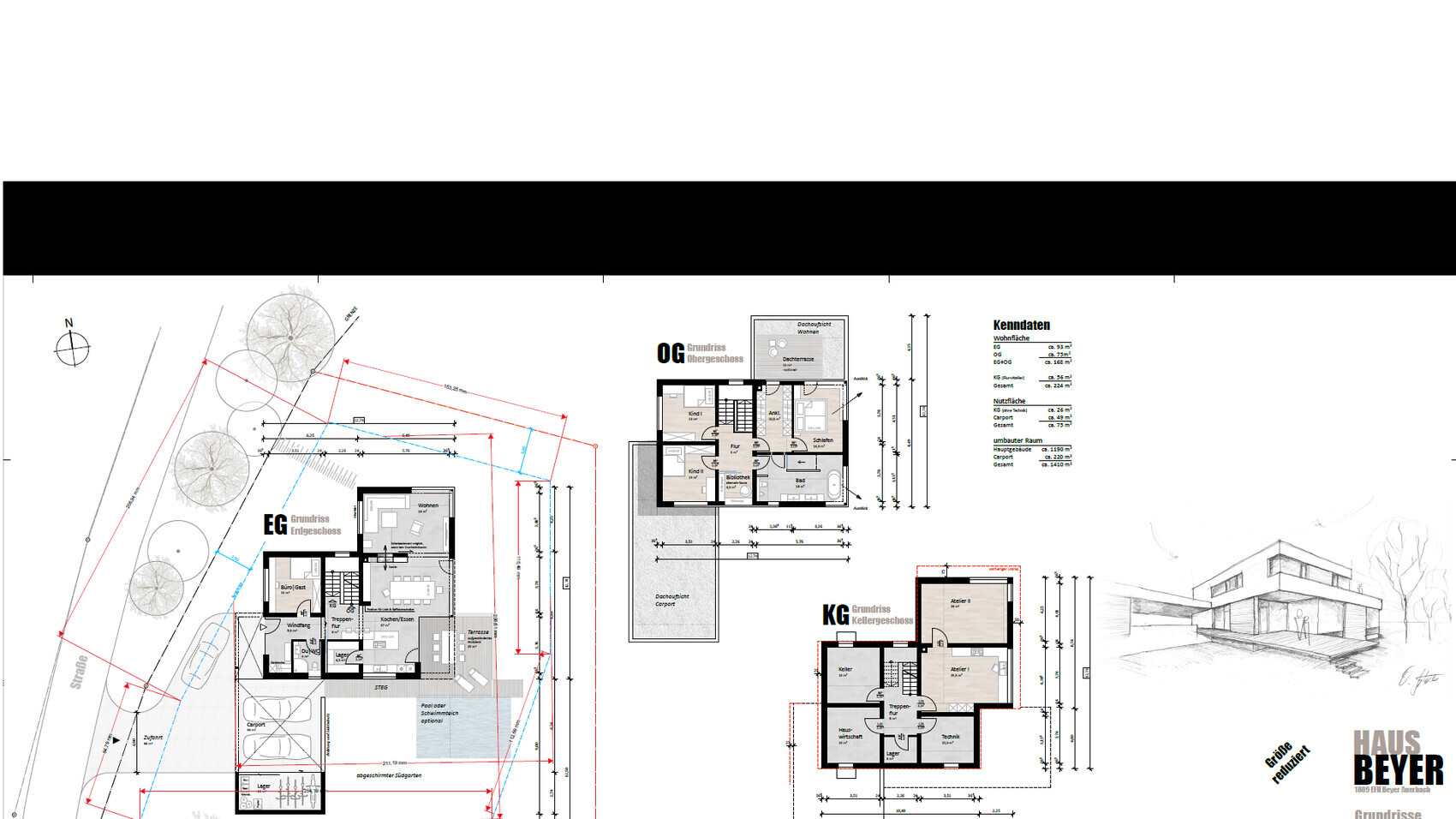 Architekturpläne eines Hauses mit EG/OG/KG-Grundrissen, Maßlinien und Skizze rechts.