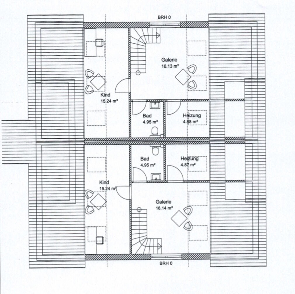 Dachgeschoss-Grundriss mit zwei Galerien, zwei Kinderzimmern, zwei Bädern, Heizungen und Treppen.