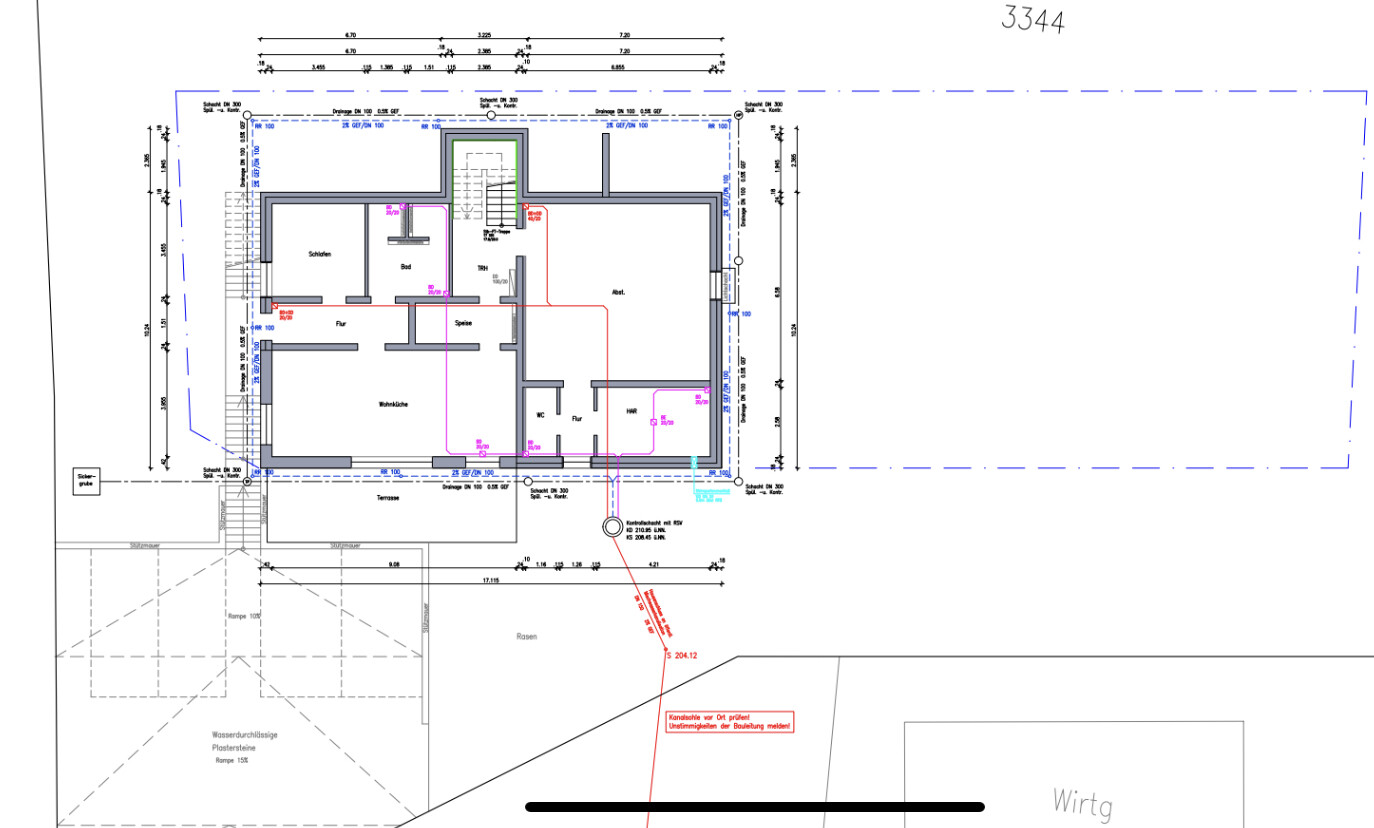 Grundriss eines Hauses: Zimmeraufteilung (Schlafen, Bad, Speise, Wohnküche), Flur, Treppe, Terrasse.