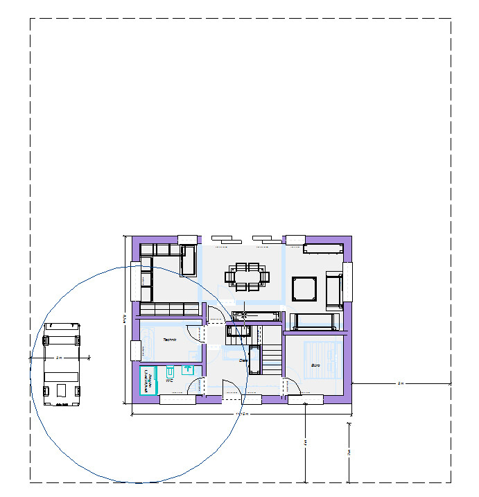 Grundriss eines Hauses mit Innenräumen, Möbeln und Türen; blauer Kreis markiert Nebengebäude.