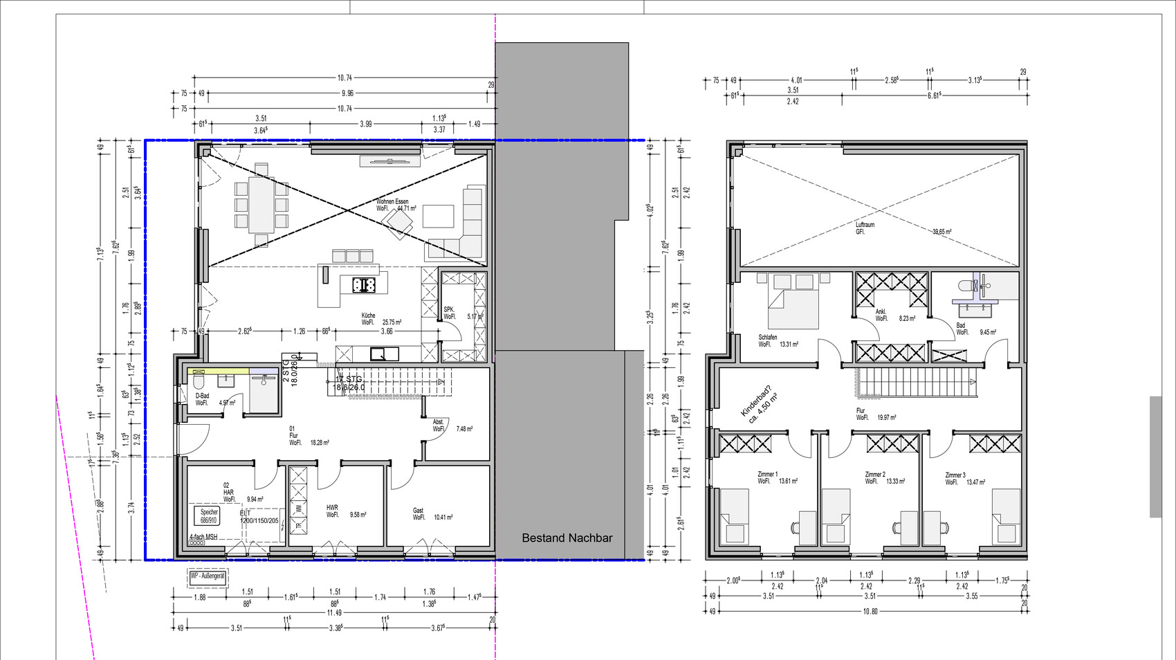 Zwei-geschossiger Grundrissplan eines Hauses mit Küche, Wohnzimmer und Schlafzimmern