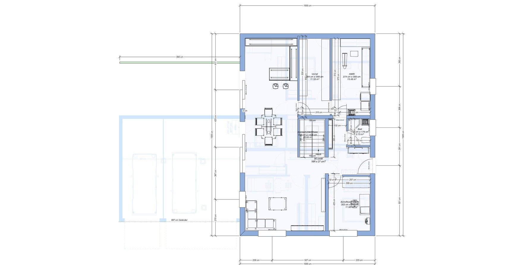 Grundriss eines Hauses mit Garage, Innenaufteilung, Türen und Maßlinien.