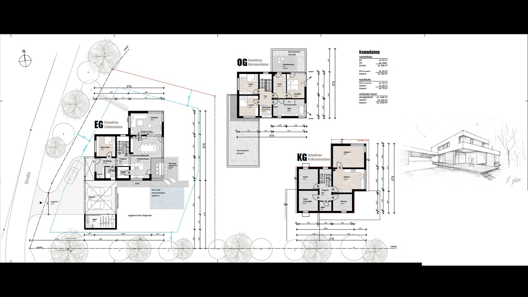 Architektur-Plan: Haus-Grundrisse EG, OG, KG mit Garten und Zufahrt.