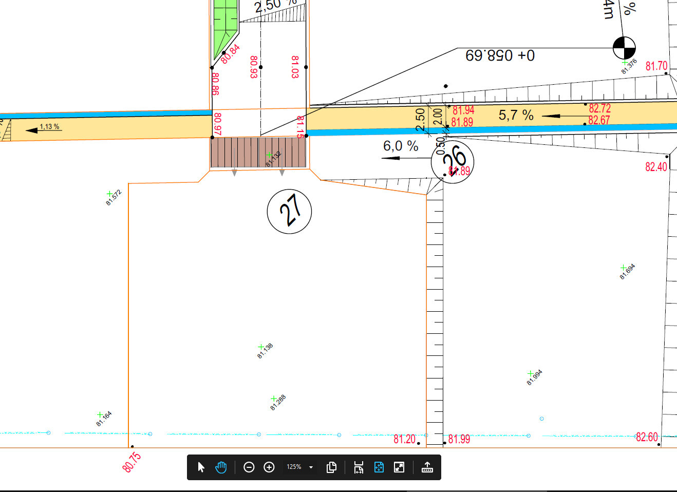 Lageplan einer Baufläche: Straßenverlauf, Maßlinien, Gelb/Blaubereiche, Zone 27
