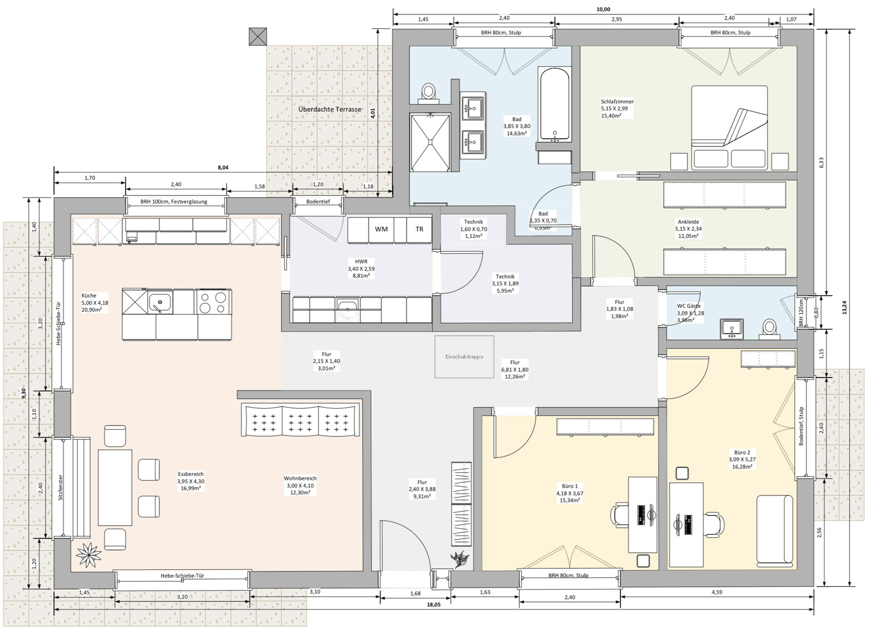 Grundriss einer Wohnung: Küche, Essbereich, Wohnzimmer, Flure, Bad, Schlafzimmer, Büro und Terrasse.