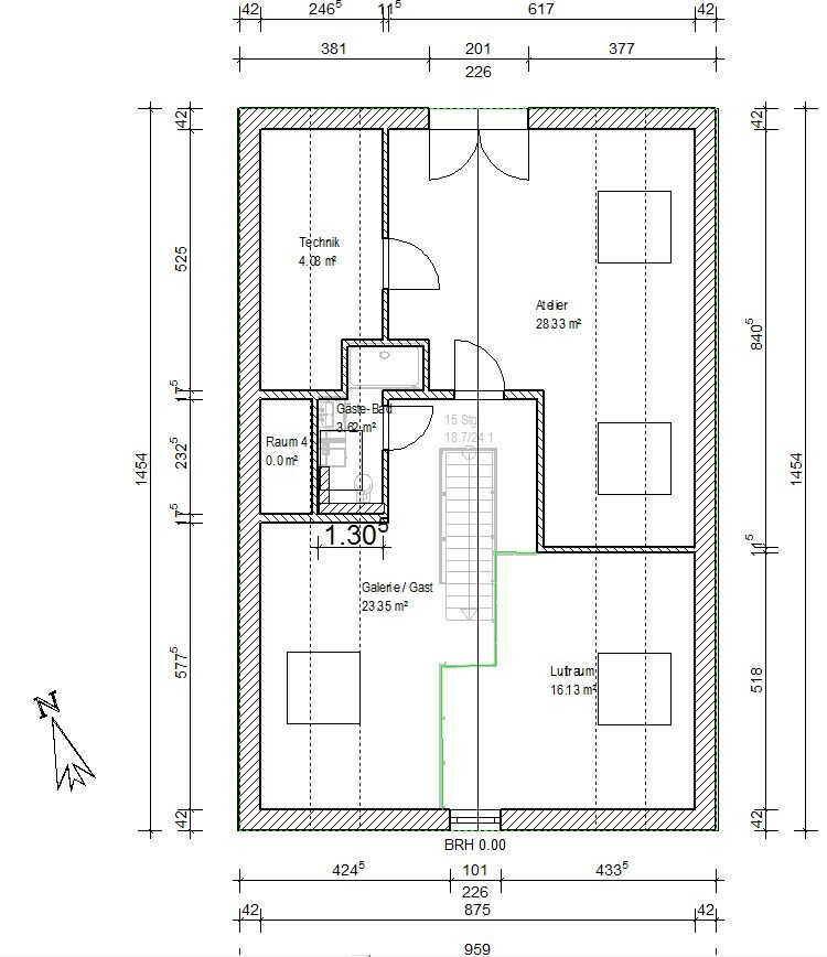 Grundriss eines Dachgeschosses mit Atelier, Galerie/Gast, Technikraum und Luftraum.