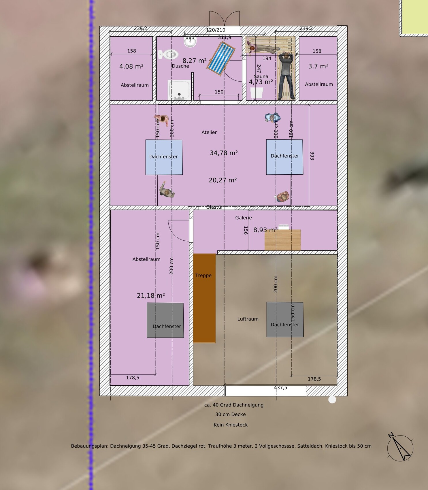 Grundriss Dachgeschoss: Atelier, Sauna, Dusche, Abstellräume, Galerie, Treppe, Dachfenster