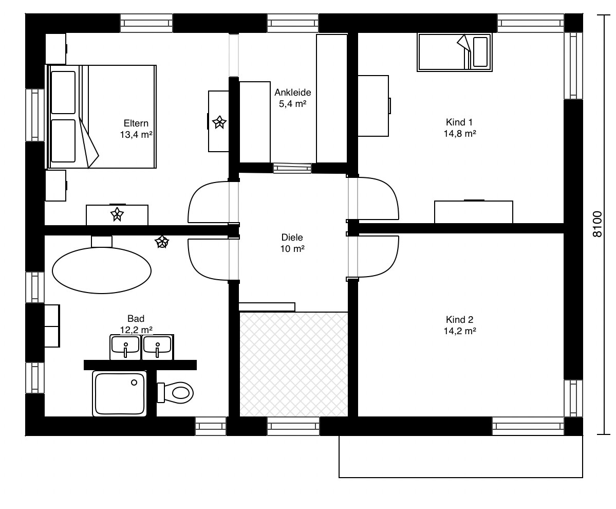 Grundriss eines Wohnplans: Elternschlafzimmer, zwei Kinderzimmer, Bad, Ankleide und Diele.