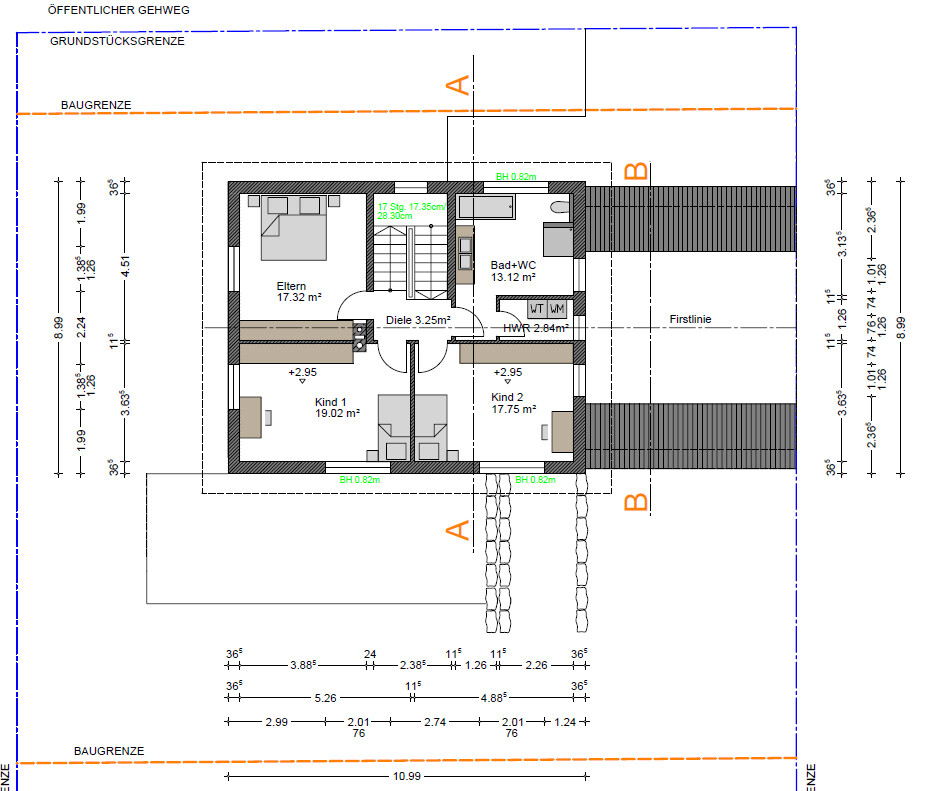 Grundriss eines Hauses mit Eltern-, Kind 1- und Kind 2-Zimmern, Diele, Bad/WC und HWR.