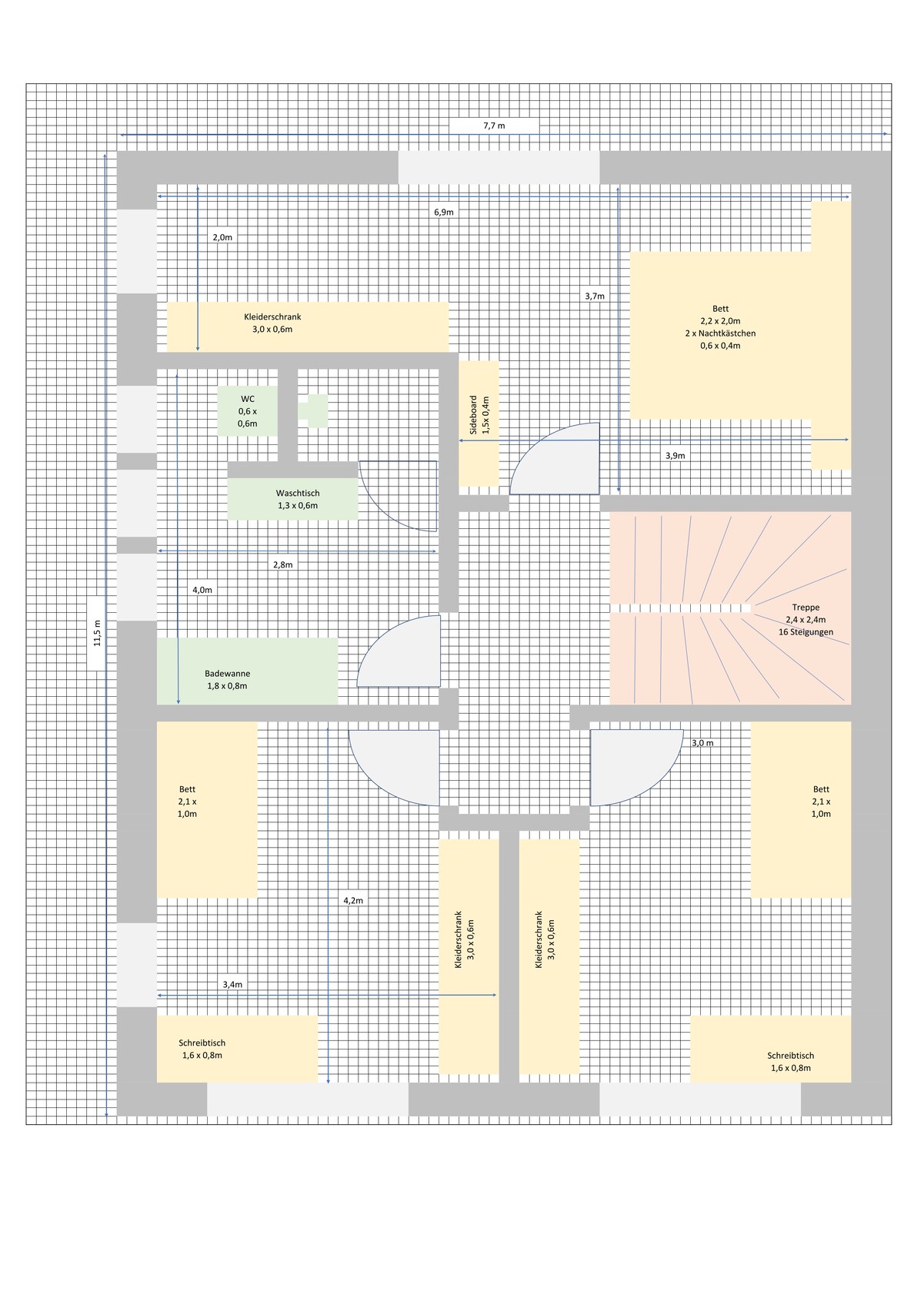 Grundriss eines Hauses mit Schlafzimmern, Bad, WC, Treppe, Kleiderschränken und Arbeitsplätzen.
