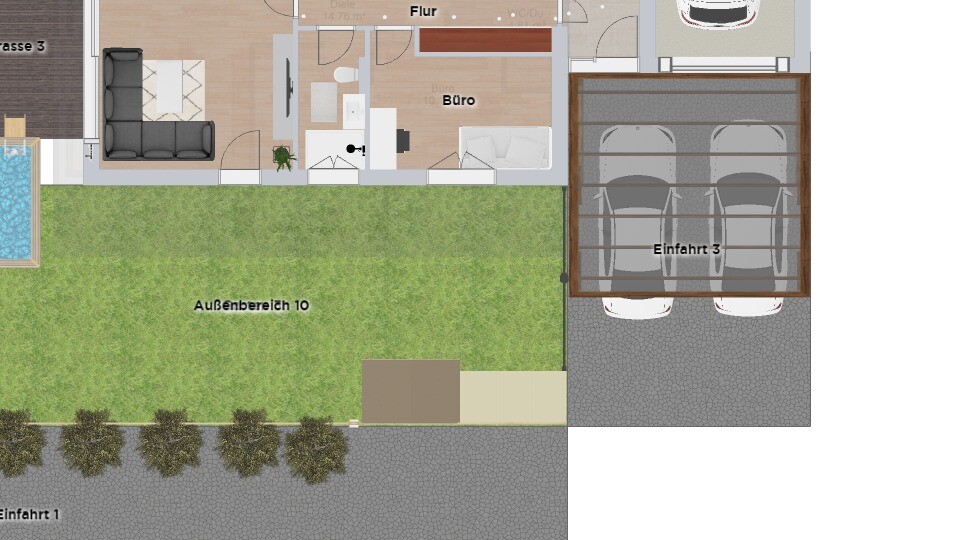 Grundriss eines Hauses: Wohnzimmer, Büro, Flur; Garage mit 3 Stellplätzen; Garten und Pool.