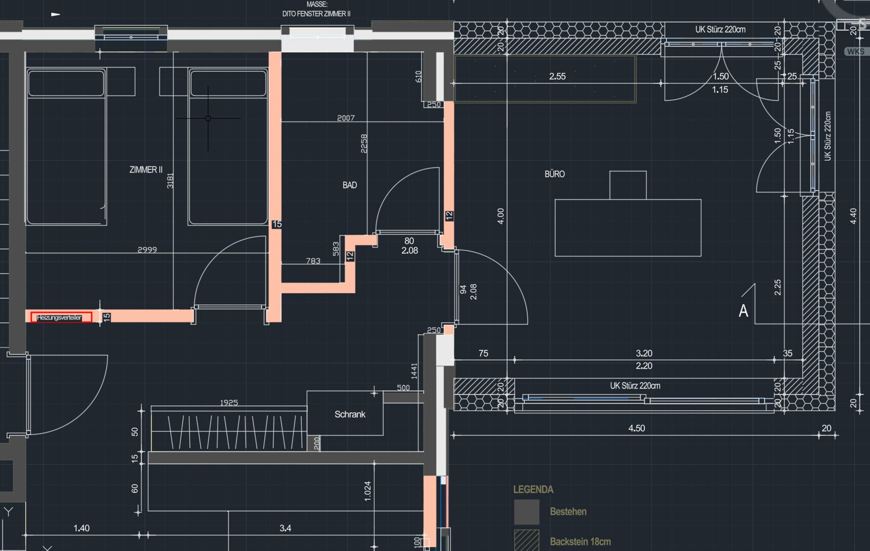 Grundrissplan eines Wohnraums mit ZIMMER II, BAD und BÜRO, Türen, Wänden und Maßlinien.