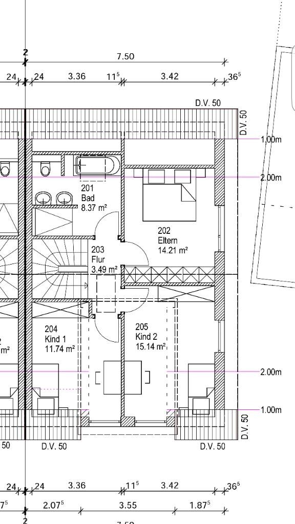 Detaillierter Grundriss eines Hauses mit Bad, Elternzimmer und zwei Kinderzimmern