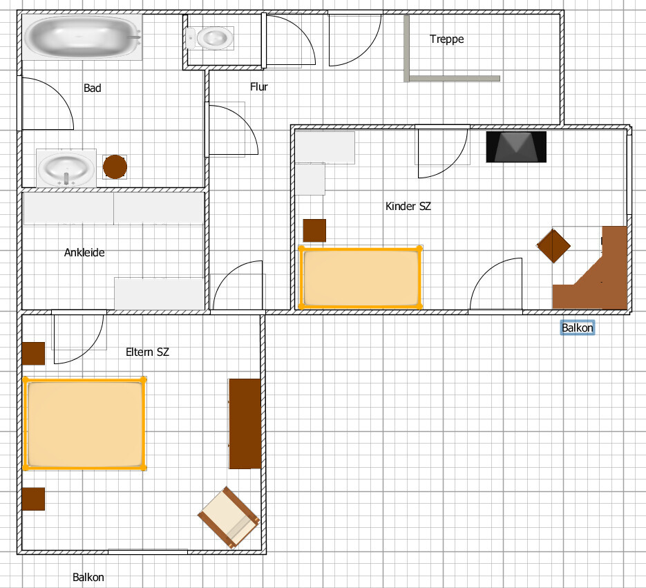 2D Grundrissplan eines Hauses mit Bad, Eltern- und Kinderzimmer, Flur, Treppe.