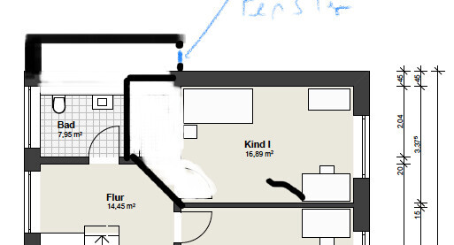 Grundriss einer Wohnung mit Flur, Bad und Kind I.