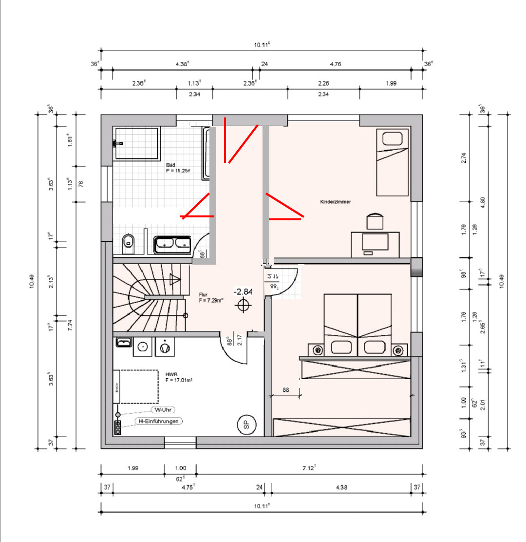 Grundriss eines Apartments mit Flur, Bad, Kinderzimmer und Schlafzimmer mit Bett.