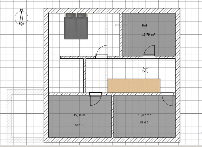 2D-Grundriss eines Hauses mit Bad, zwei Kinderzimmern und Schlafzimmer