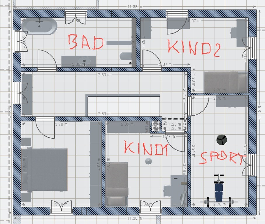 Grundriss eines Hauses mit Bad, KIND1, KIND2 und Sportraum; Möbel markiert.