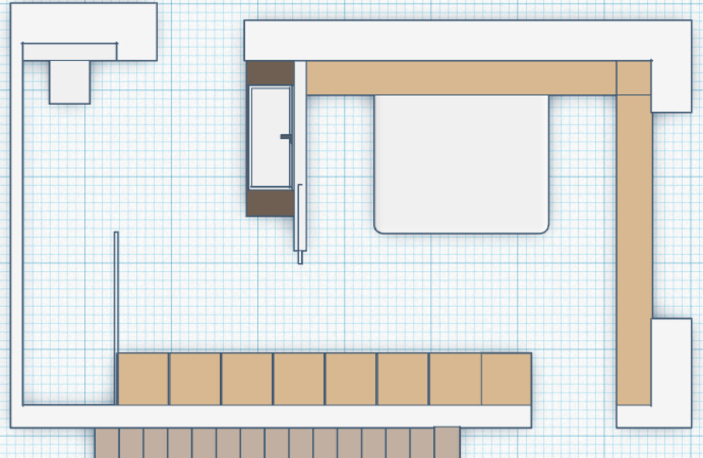 Schematischer Grundriss eines Raums mit weißen Wänden und braunen Holzelementen.