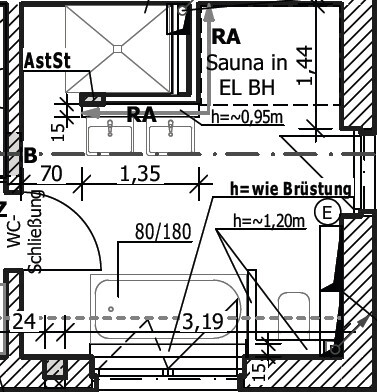 2D-Grundriss eines Hauses mit Bad, Sauna und Fluren