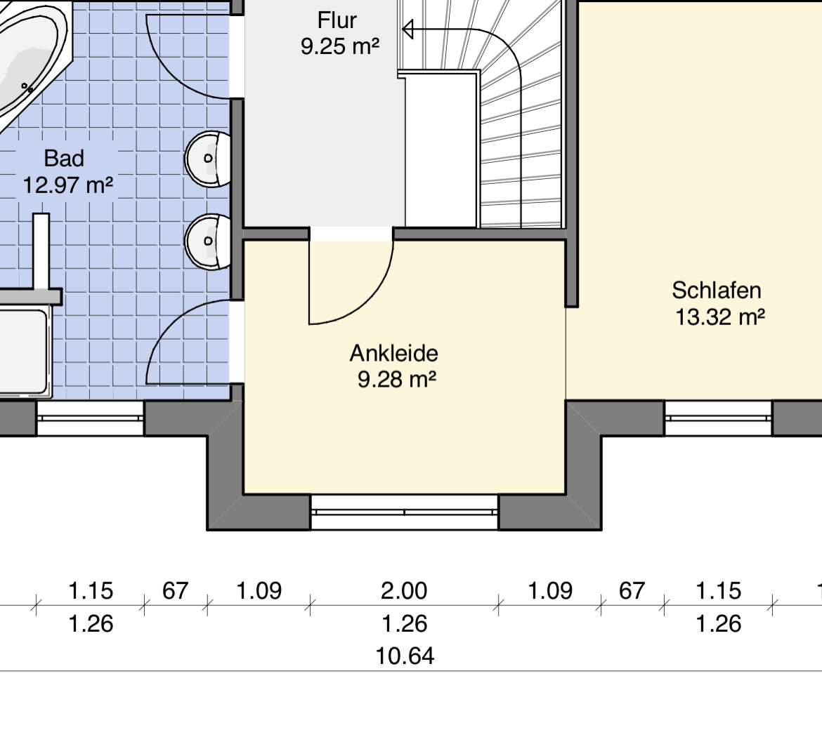 Grundriss eines Stockwerks mit Bad, Ankleide, Schlafen, Flur und Treppe.