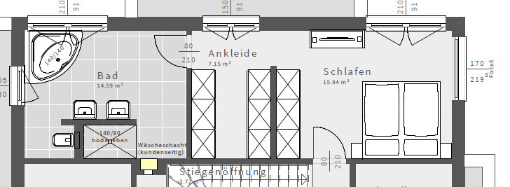 Grundriss eines Apartments: Bad, Ankleide und Schlafzimmer mit Möbeln wie Bett und Schränken.