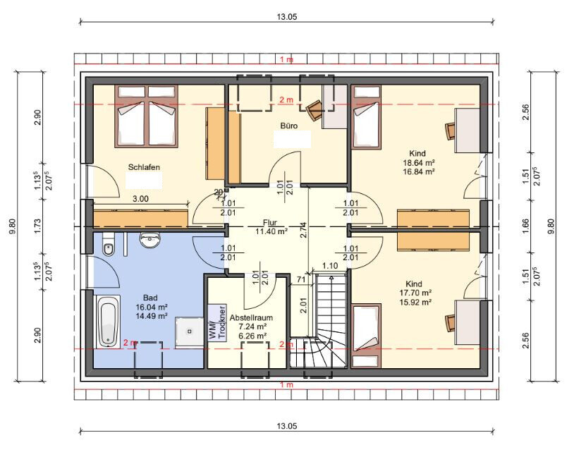Grundriss eines Stockwerks: Schlafzimmer, Bad, Büro, Flur, zwei Kinderzimmer, Abstellraum.