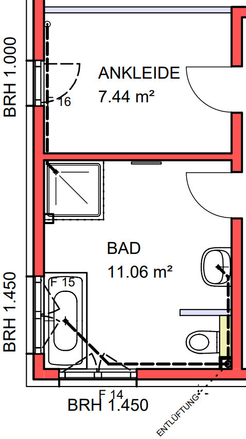 Grundriss: Bad (11.06 m²) und Ankleide (7.44 m²) mit Badewanne, Dusche, Toilette.