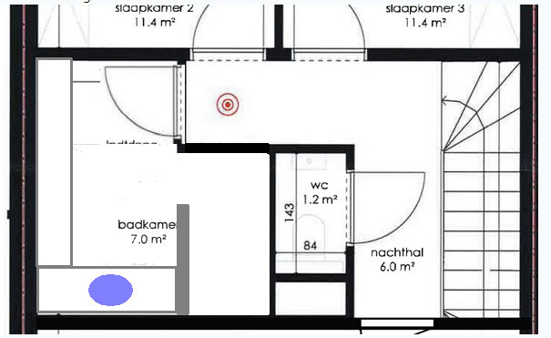 Grundriss eines Obergeschosses: zwei Schlafzimmer, Bad, WC, Flur und Treppenaufgang.