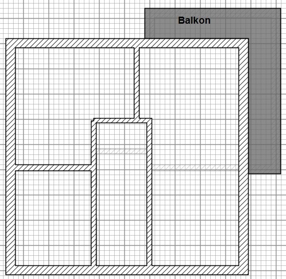 Grundriss eines Wohnbereichs mit mehreren Zimmern und Balkon rechts oben.
