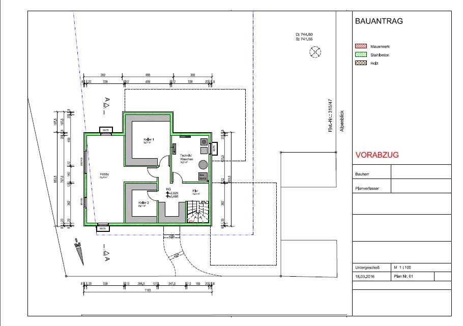 2D-Grundriss eines Hauses mit Kellern, Treppen und Vorabzug des Bauantrags.