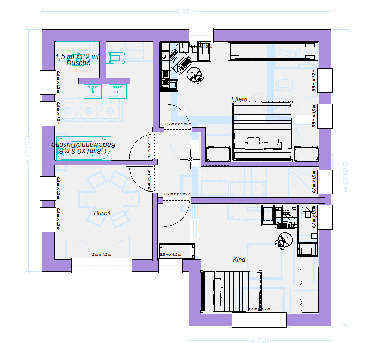 Detaillierter Grundriss eines Hauses: Büro, Elternzimmer, Kind, Küche, Bad, Dusche, Möbelaufstellung.