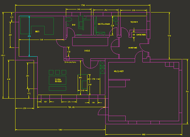 2D Baugrundriss eines Hauses mit Abmessungen und farbigen Linien