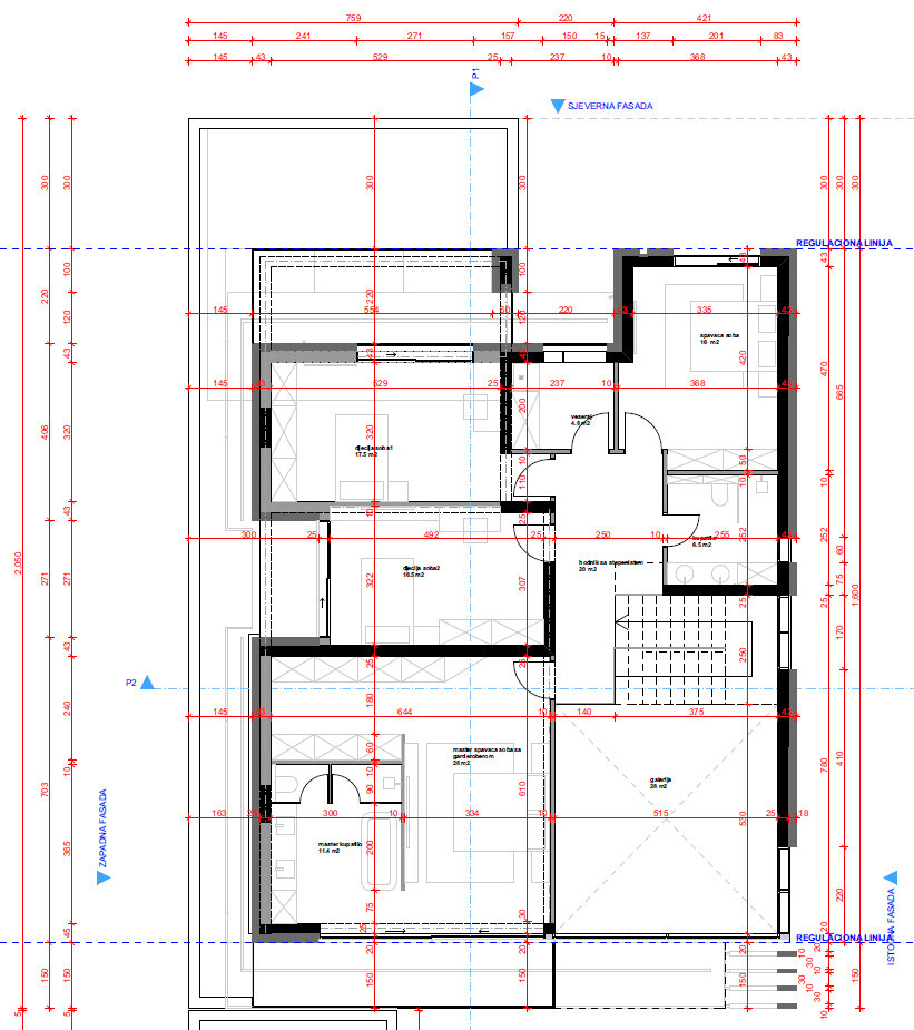 Architekturplan: Grundriss eines Hauses mit Zimmern, Türen, Maßlinien.