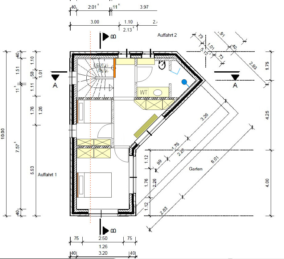 2D Grundriss eines Hauses mit Schlafzimmer, Bad, Treppe und Gartenbereich