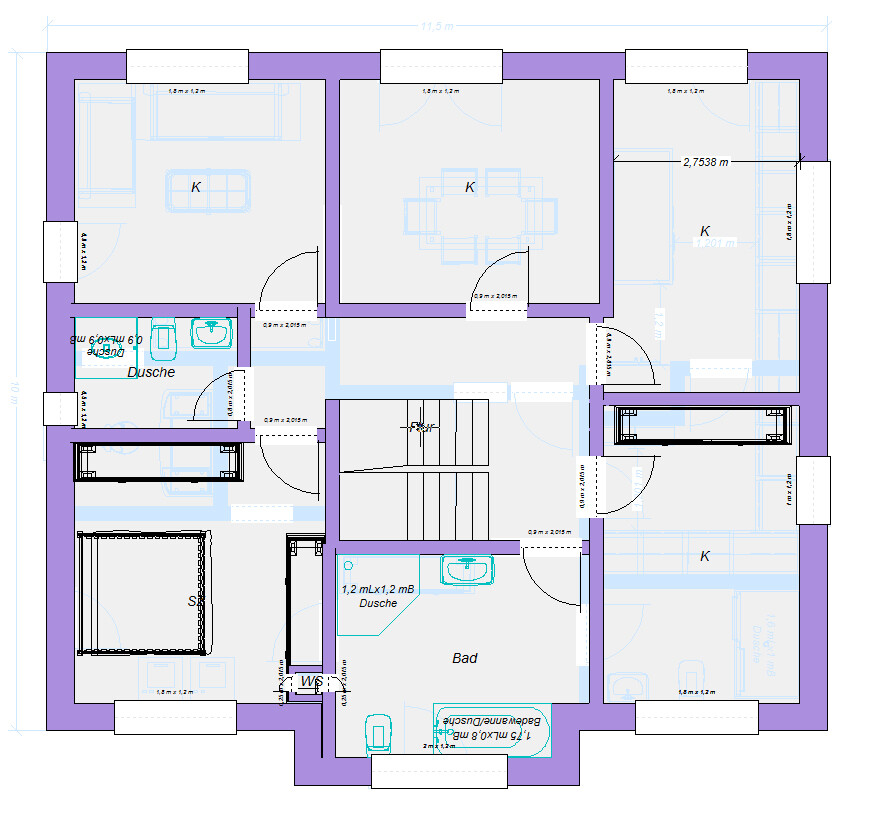 Grundriss eines Wohnhauses: Mehrere Zimmer, Treppenhaus, Bad mit Dusche, Küche.