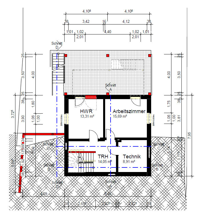 2D-Bauplan eines Hauses mit HWR, Arbeitszimmer, Technikraum und Treppen