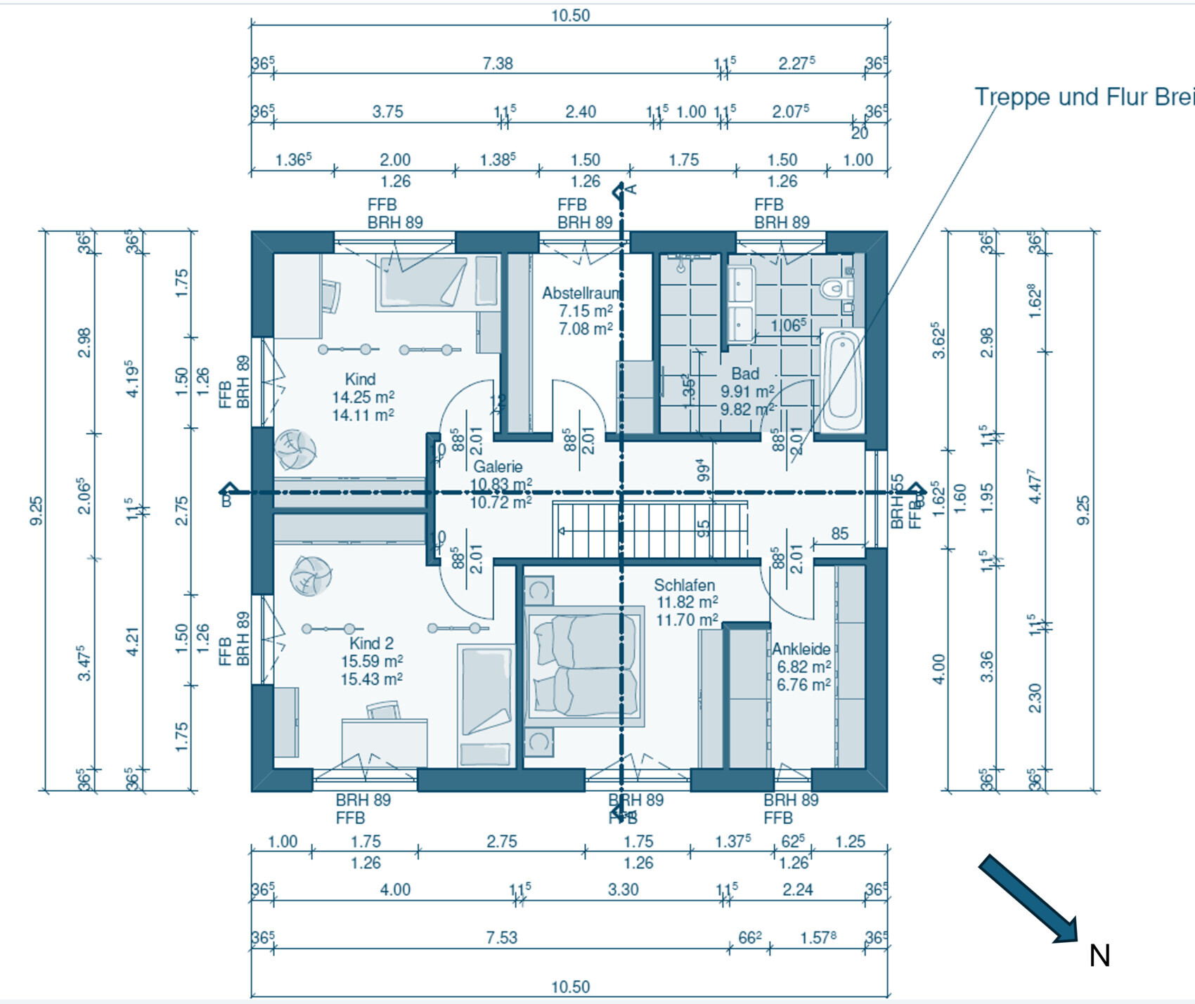 Grundriss Obergeschoss: Schlafen, 2 Kinder, Abstellraum, Galerie, Bad, Ankleide, Treppe/Flur.
