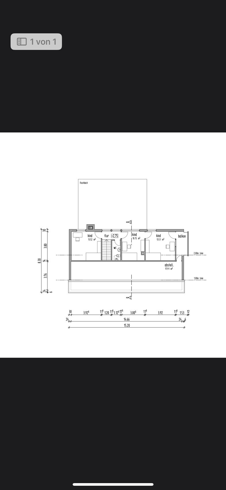 Grundriss des Dachgeschosses mit drei Kinderzimmern, Flur, WC, Abstellraum und Balkon