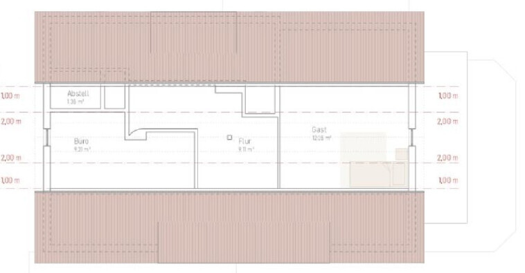2D-Grundriss eines Hauses mit Büro, Gast, Flur und Abstellraum, Dach sichtbar.