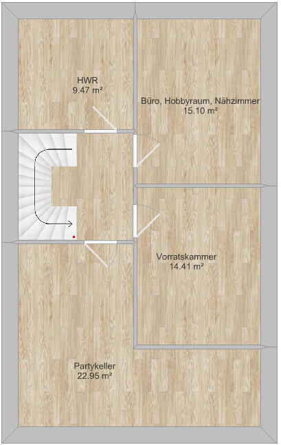 Grundriss eines Hauses mit Treppenhaus Buero Hobbyraum Naehzimmer Vorratskammer Partykeller.