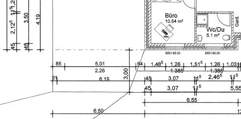 Grundrissplan mit Büro- und WC/Dusche-Bereich und Raumgrößen im Plan