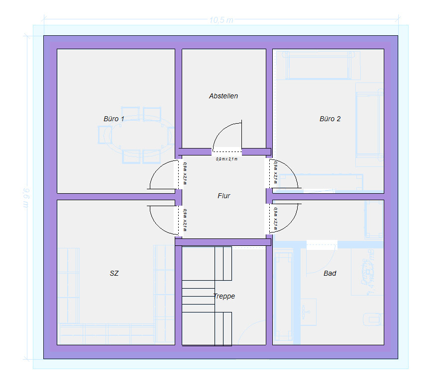 Grundriss: Flur mit zwei Büros (Büro 1, Büro 2), Schlafzimmer (SZ), Bad, Abstellen, Treppe.